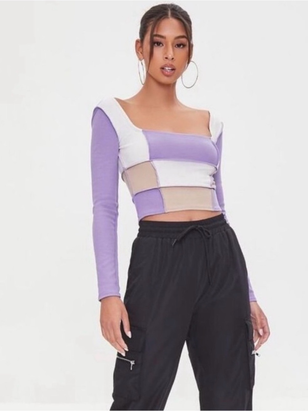 NWT Forever 21 Ribbed Colorblock Long Sleeve Crop Top Small 90s Y2K Square neck